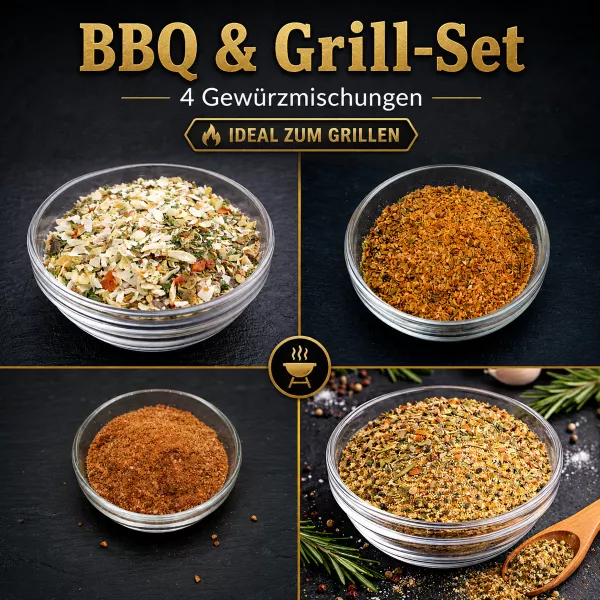 BBQ & Grill-Set mit Steakgewürz, Gyros, Hähnchen Gewürzsalz & Chimichurri in Holzschüsseln | Charaf Gewürze Berlin