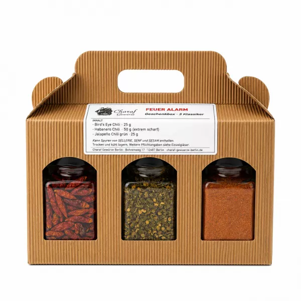 Feuer Alarm Geschenkbox mit Bird's Eye, Habanero und Jalapeño Chili von Charaf Gewürze Berlin