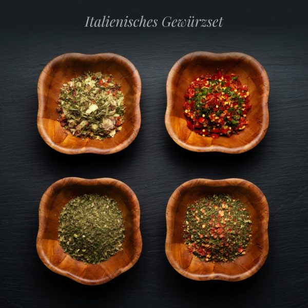 Italienisches Gewürzset mit Aglio Olio, Arrabiata, Pizzagewürz & Italienischen Kräutern in Holzschüsseln | Charaf Gewürze Berlin