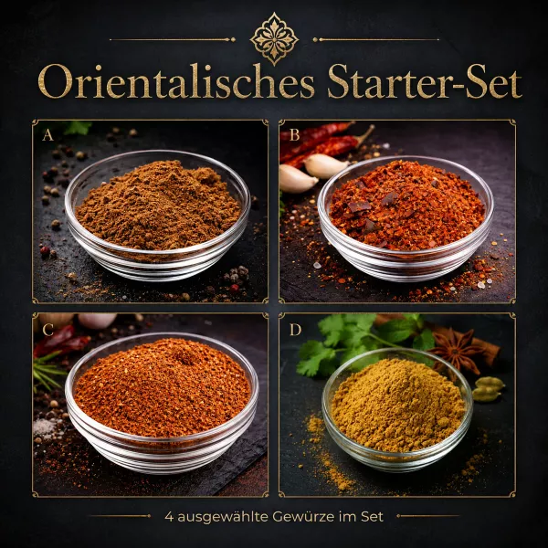 Orientalisches Starter-Set mit Ras El Hanout, Harissa, Arabischem Pfeffer & Köfte Gewürzmischung in Holzschüsseln | Charaf Gewürze Berlin