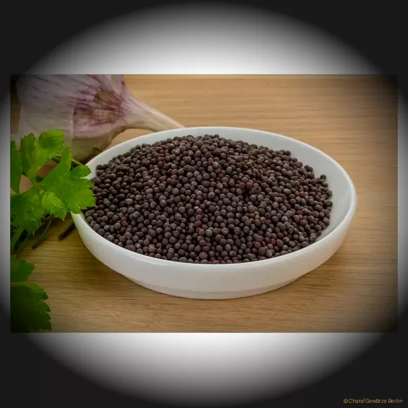 Preview: Senfkörner dunkel – kleine, tiefbraune bis schwarzbraune Senfsamen mit kräftig-würzigem Aroma und intensiver Schärfe