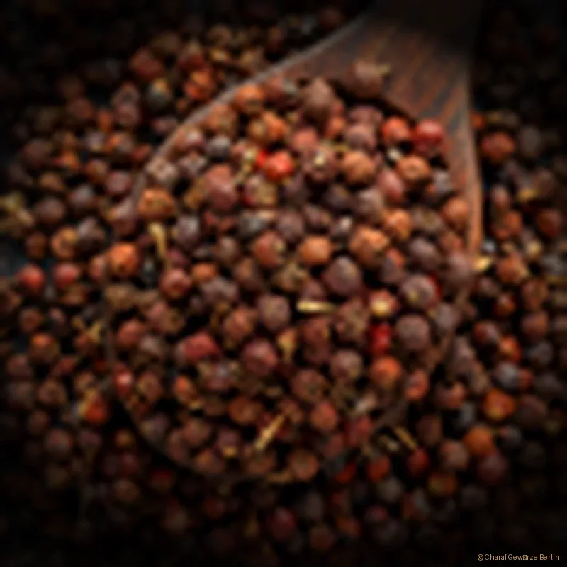 Szechuanpfeffer ganz – ganze rosa-rote bis braune Szechuanpfefferkörner mit prickelnd-zitrusartigem Aroma und betäubender Schärfe