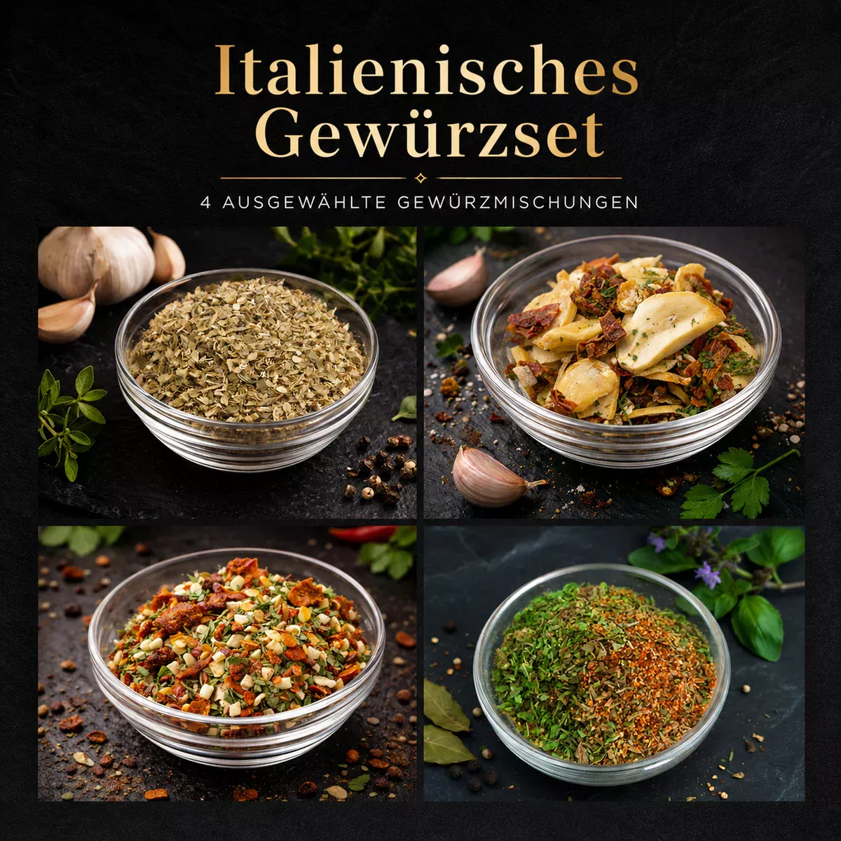 Italienisches Gewürzset mit Aglio Olio, Arrabiata, Pizzagewürz & Italienischen Kräutern in Holzschüsseln | Charaf Gewürze Berlin