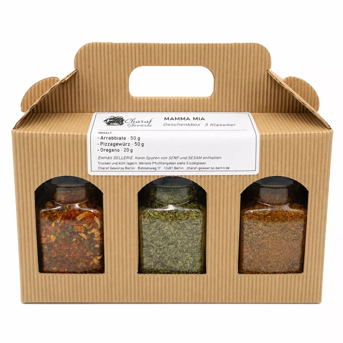 Mamma Mia Geschenkbox mit Arrabbiata, Pizzagewürz und Oregano von Charaf Gewürze Berlin