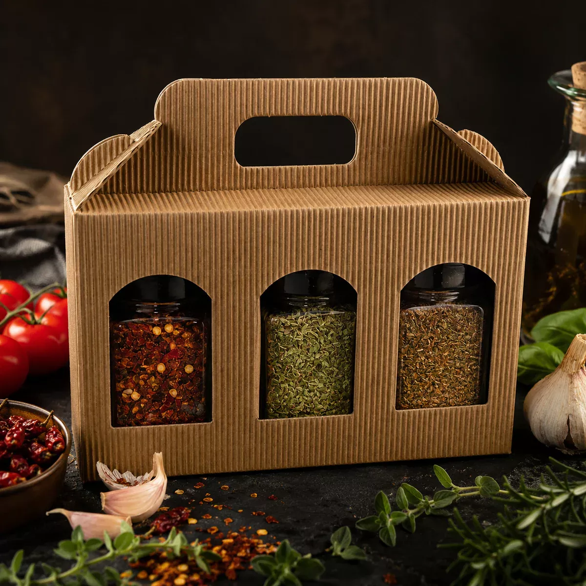 Mamma Mia Geschenkbox mit Pasta-Gewürzen, Tomaten, Knoblauch und Basilikum für mediterrane Küche