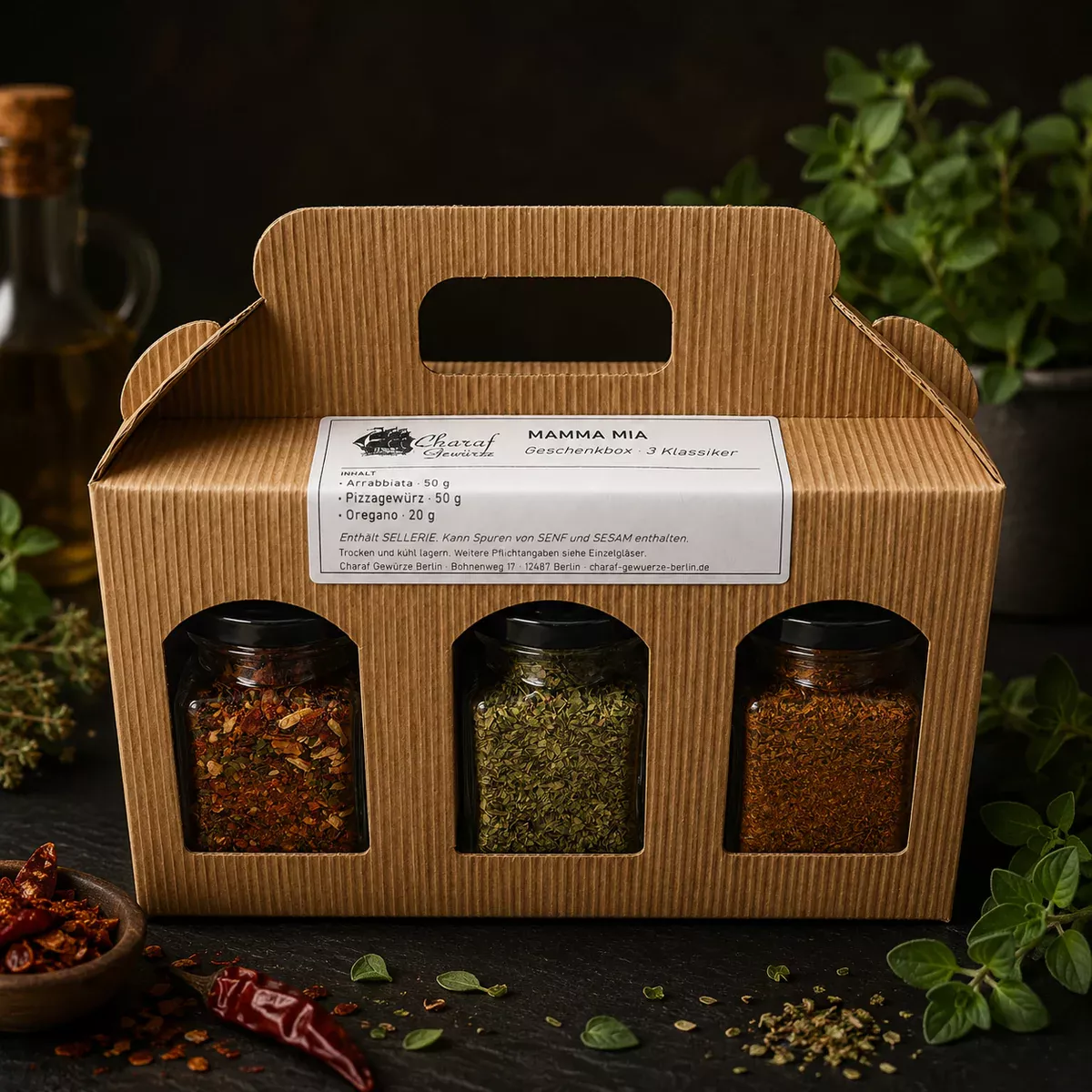Italienische Gewürzgeschenkbox Mamma Mia mit Oregano, Olivenöl und Kräutern auf dunklem Untergrund