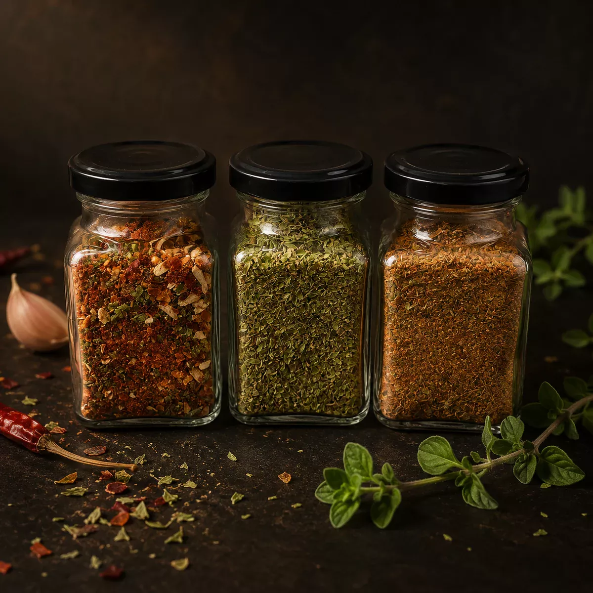 Drei italienische Gewürze in Glasbehältern: Arrabbiata, Pizzagewürz und Oregano