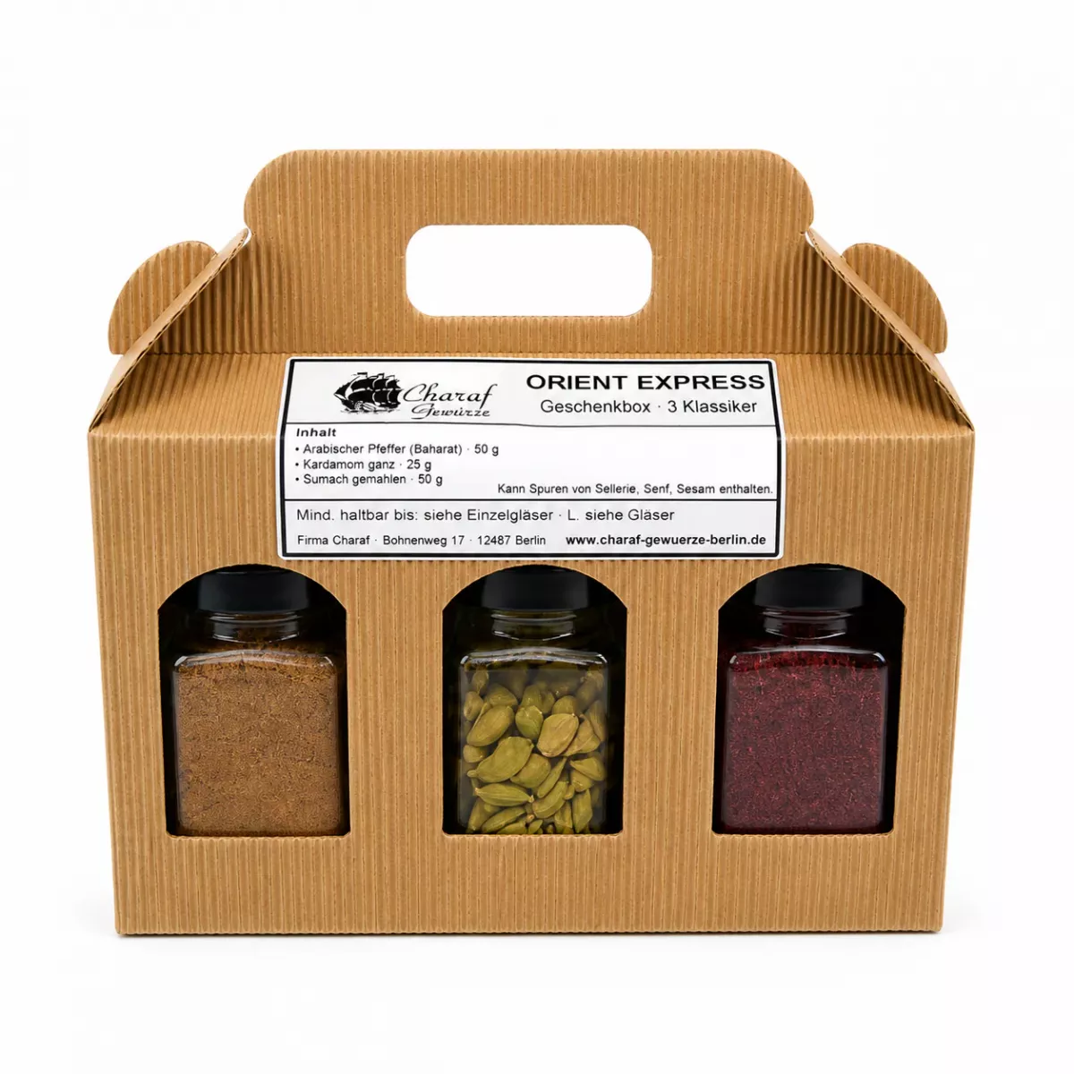 Orient Express Geschenkbox von Charaf Gewürze Berlin mit Banderole und drei Gewürzgläsern: Arabischer Pfeffer, Kardamom und Sumach