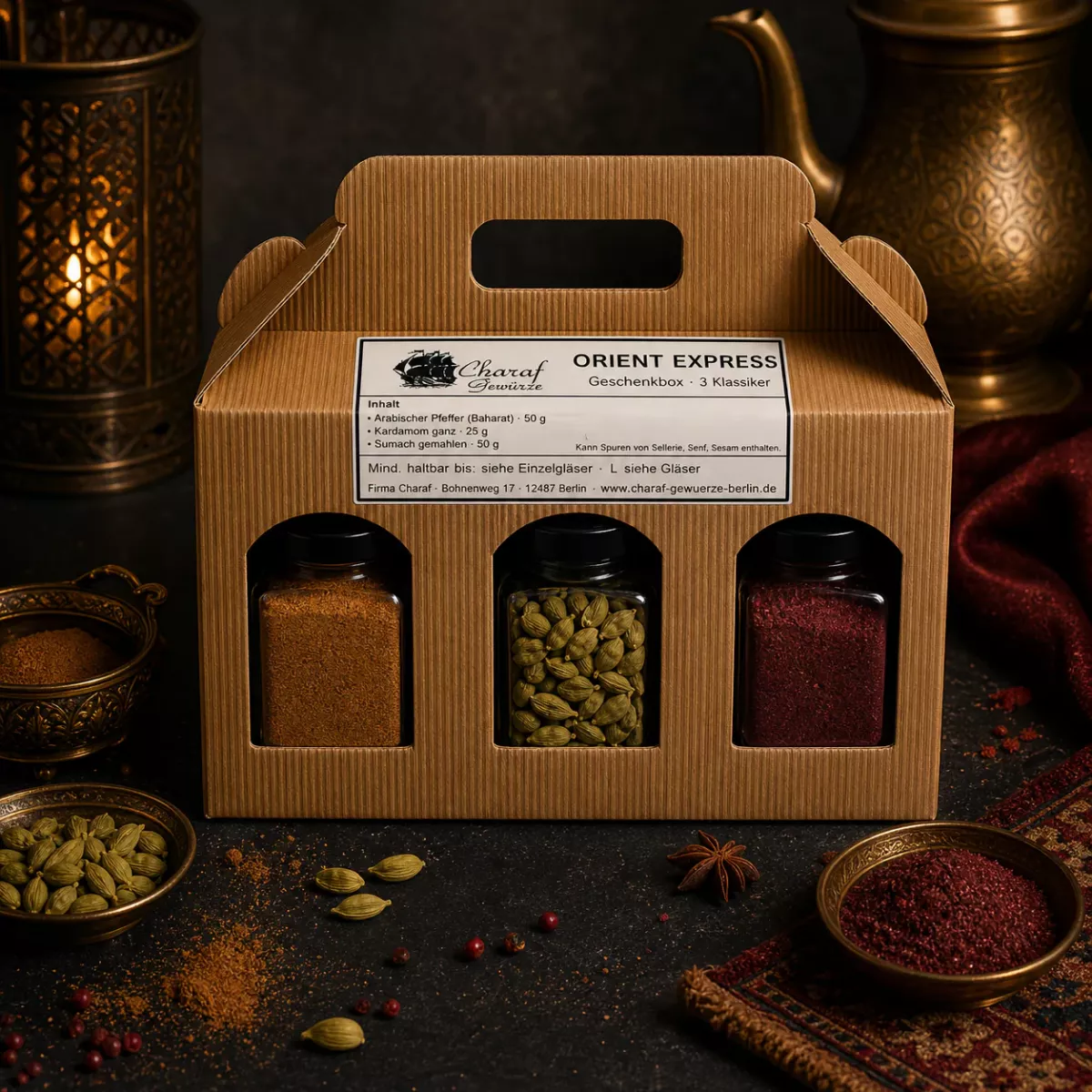 Orient Express Geschenkbox in orientalischem Ambiente mit Messinglampe und Teekanne, syrische Gewürzauswahl von Charaf Berlin