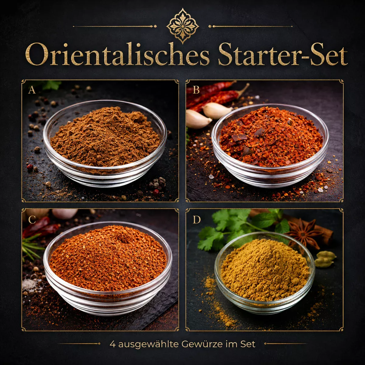 Orientalisches Starter-Set mit Ras El Hanout, Harissa, Arabischem Pfeffer & Köfte Gewürzmischung in Holzschüsseln | Charaf Gewürze Berlin
