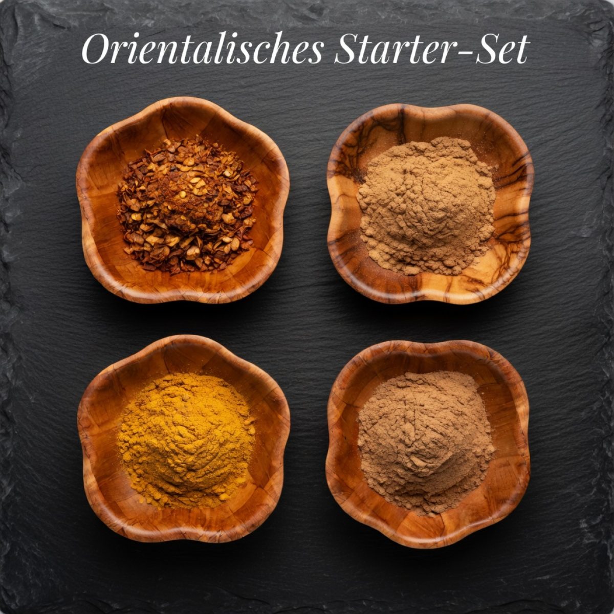Orientalisches Starter-Set mit Ras El Hanout, Harissa, Arabischem Pfeffer & Köfte Gewürzmischung in Holzschüsseln | Charaf Gewürze Berlin