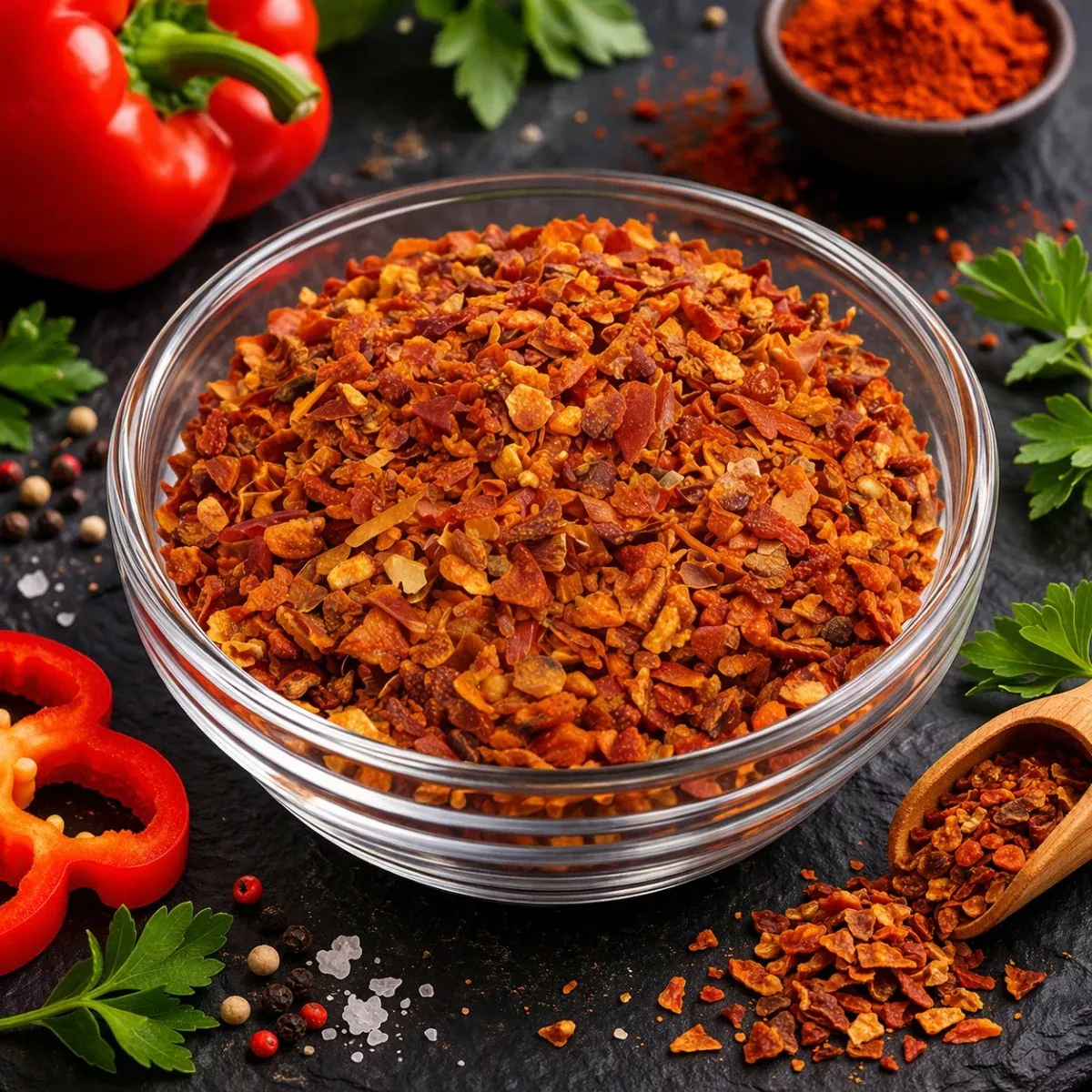 Paprika-Granulat mit kräftiger Farbe in Schale – Detail