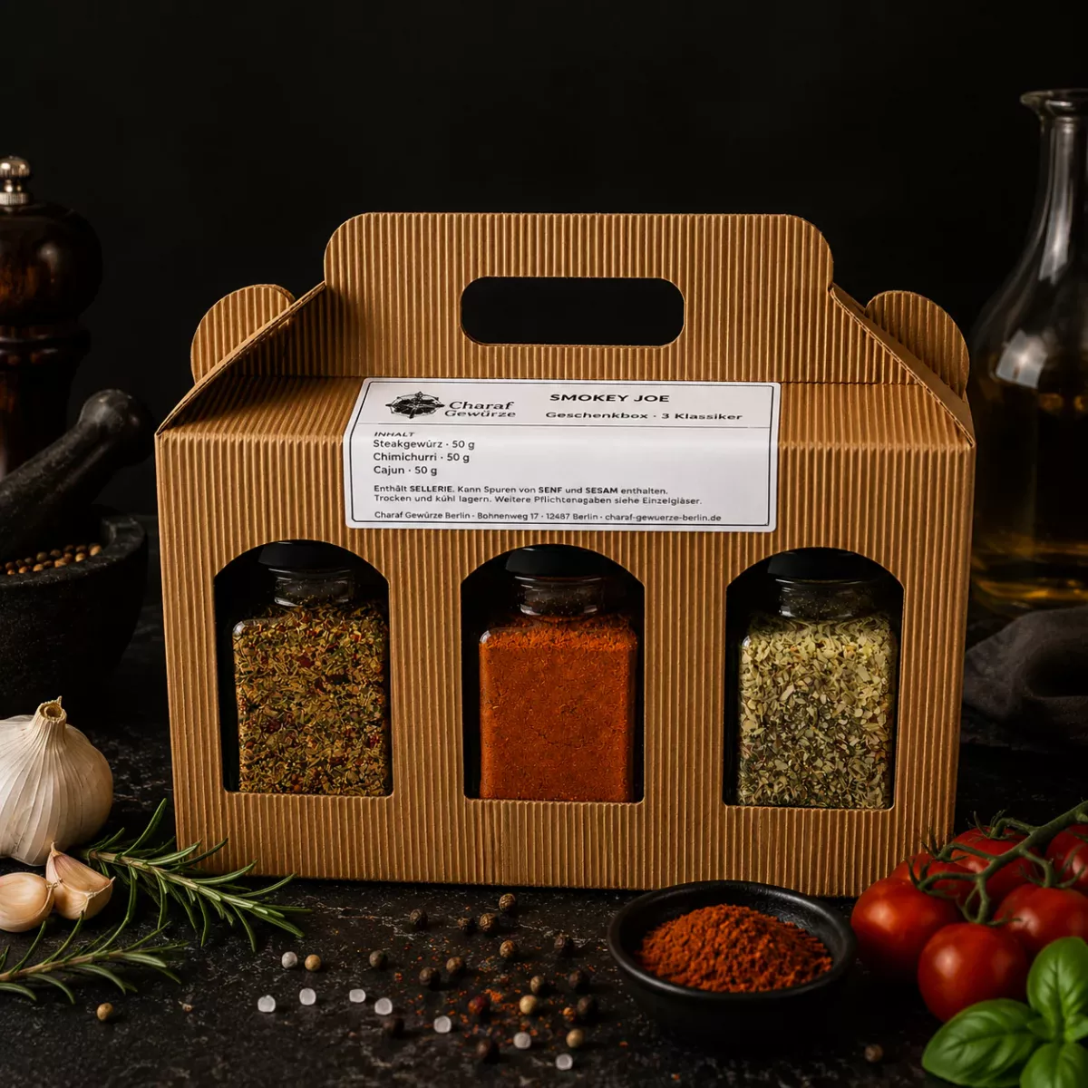 BBQ-Geschenkbox Smokey Joe mit Grillgewürzen, Knoblauch und Rosmarin auf dunklem Untergrund