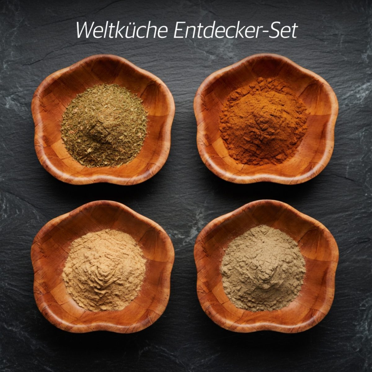 Weltküche Entdecker-Set mit Tandoori, Garam Masala, Schawarma & Döner Gewürzzubereitung in Holzschüsseln | Charaf Gewürze Berlin