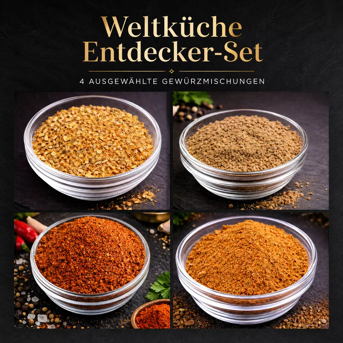 Weltküche Entdecker-Set mit Tandoori, Garam Masala, Schawarma & Döner Gewürzzubereitung in Holzschüsseln | Charaf Gewürze Berlin