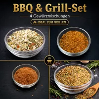 BBQ & Grill-Set mit Steakgewürz, Gyros, Hähnchen Gewürzsalz & Chimichurri in Holzschüsseln | Charaf Gewürze Berlin