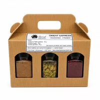 Orient Express Geschenkbox von Charaf Gewürze Berlin mit Banderole und drei Gewürzgläsern: Arabischer Pfeffer, Kardamom und Sumach