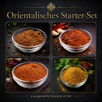 Orientalisches Starter-Set mit Ras El Hanout, Harissa, Arabischem Pfeffer & Köfte Gewürzmischung in Holzschüsseln | Charaf Gewürze Berlin